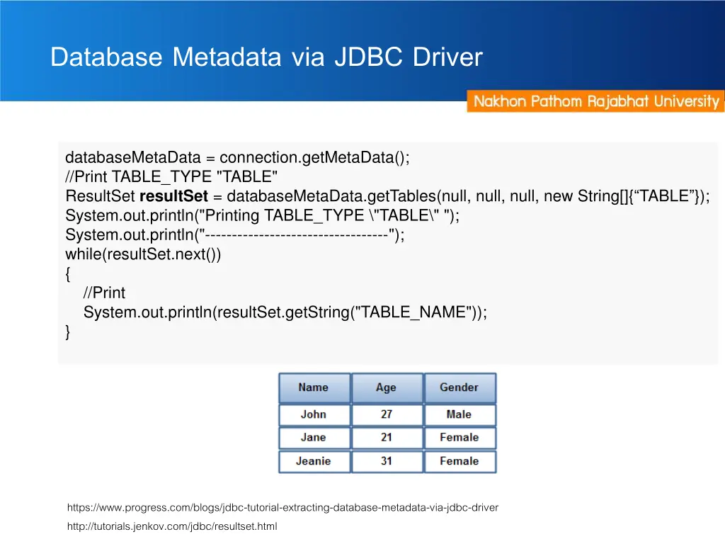 database metadata via jdbc driver