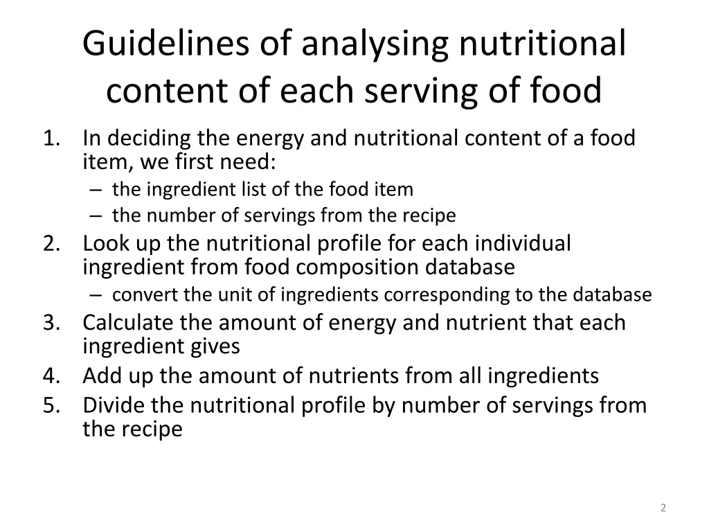 guidelines of analysing nutritional content