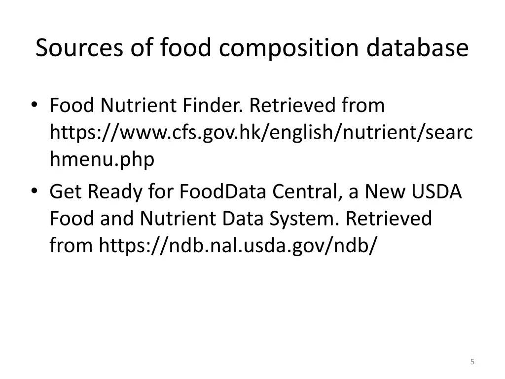 sources of food composition database