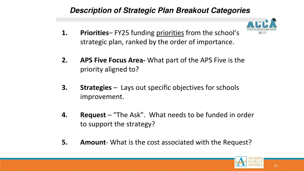 description of strategic plan breakout categories