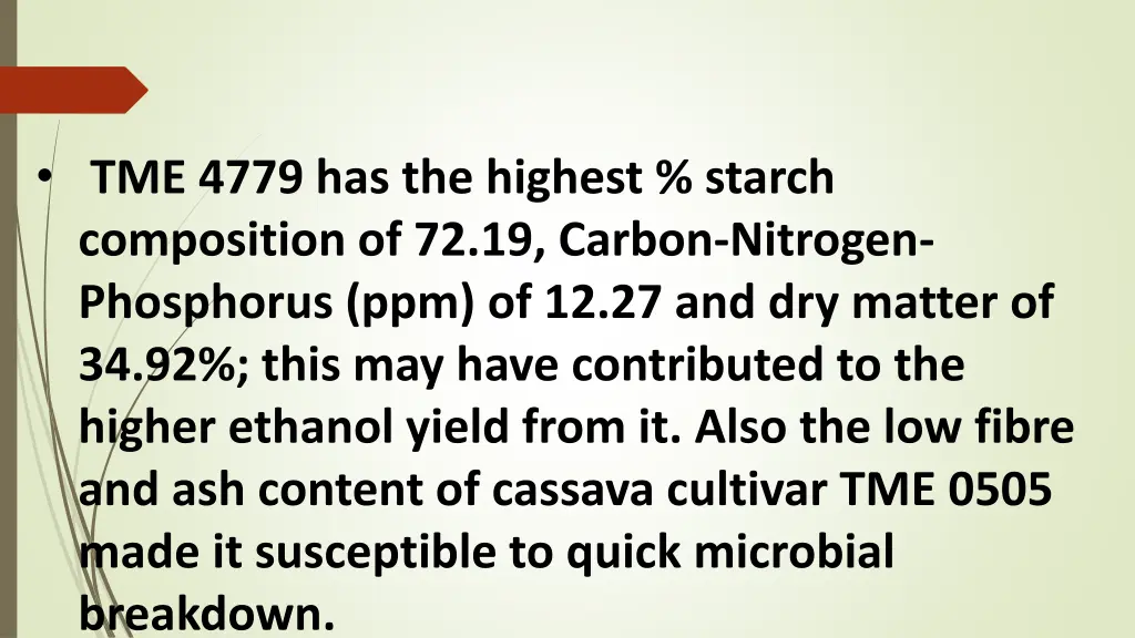 tme 4779 has the highest starch composition