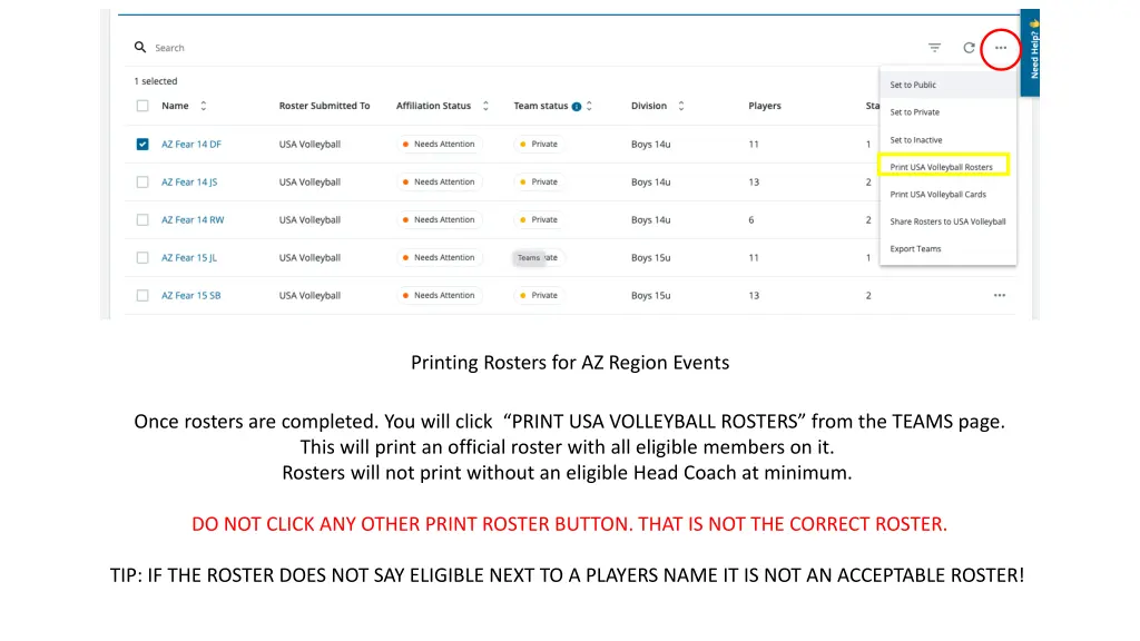printing rosters for az region events