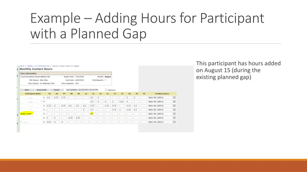 example adding hours for participant with 1