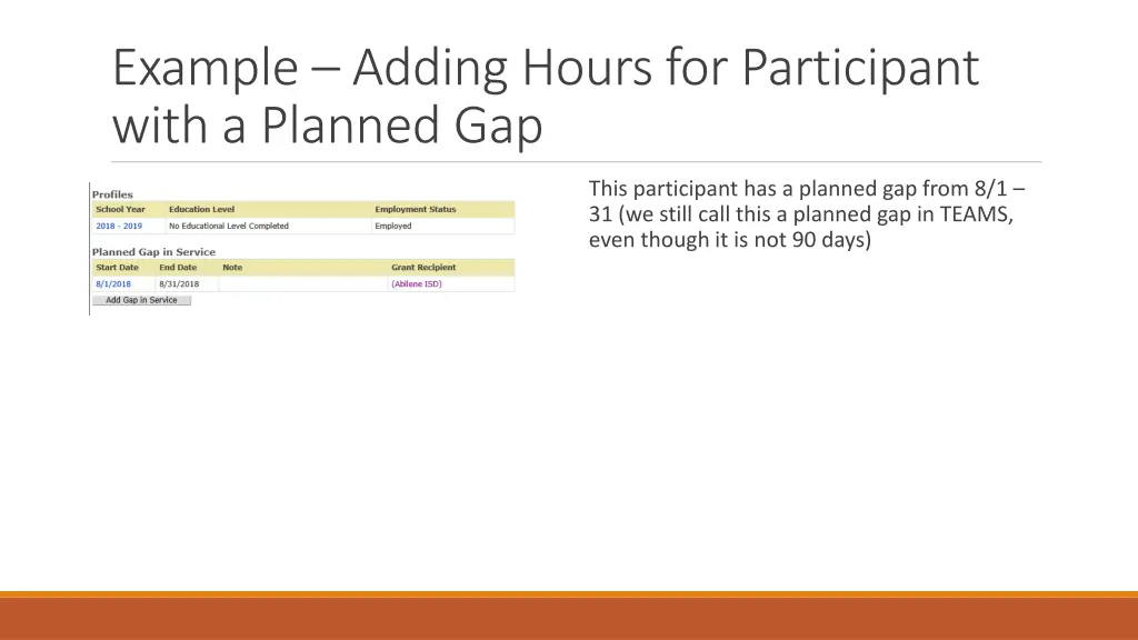 example adding hours for participant with