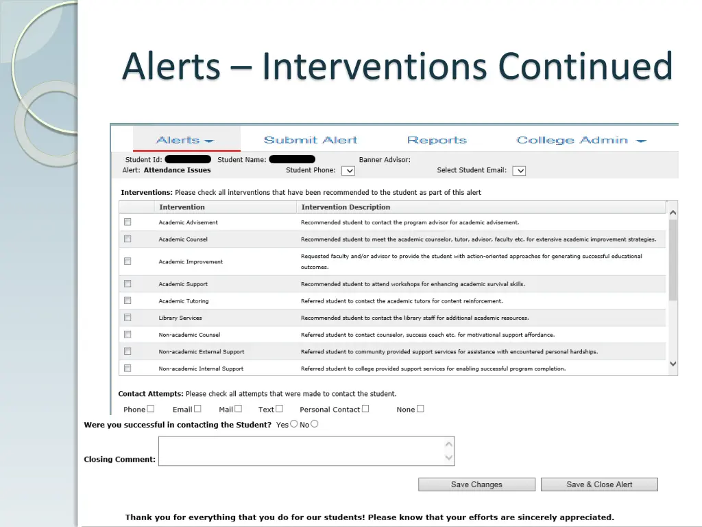 alerts interventions continued