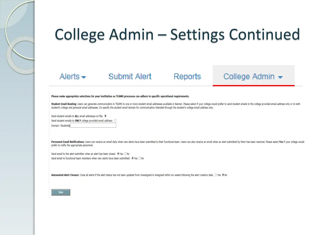 college admin settings continued 1