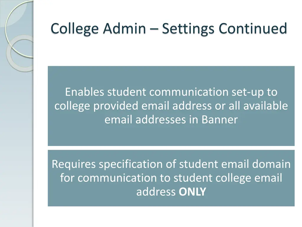 college admin settings continued