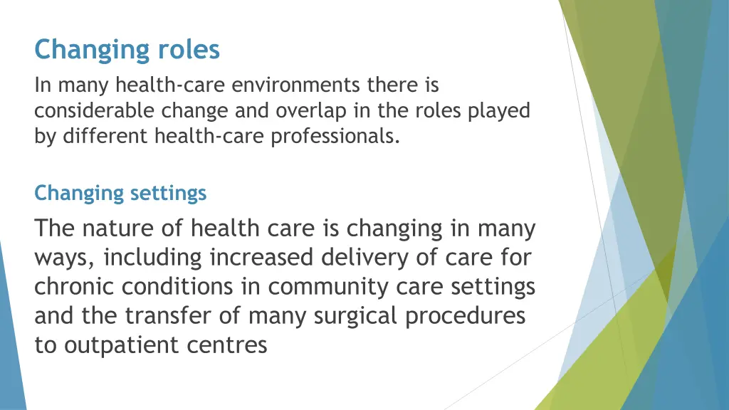 changing roles in many health care environments