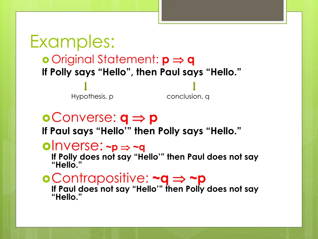 examples original statement p if polly says hello