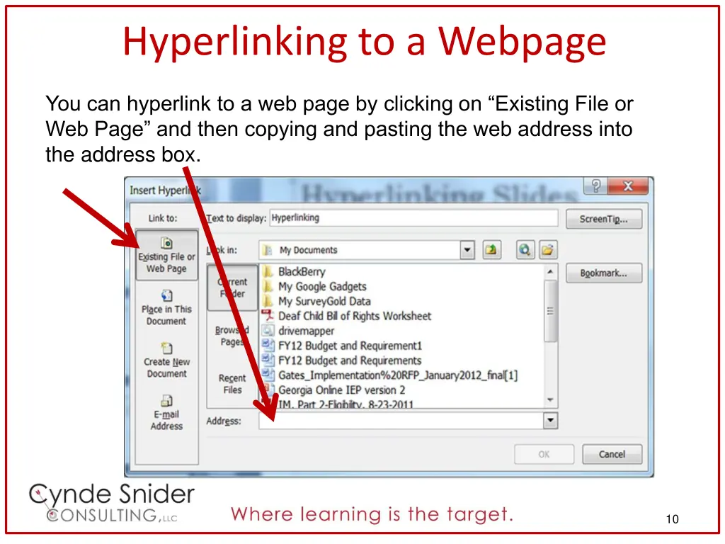 hyperlinking to a webpage