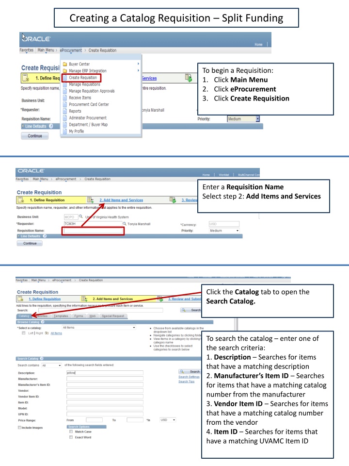 creating a catalog requisition split funding