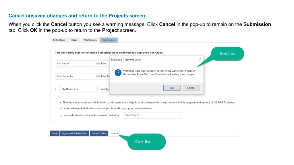 cancel unsaved changes and return to the projects