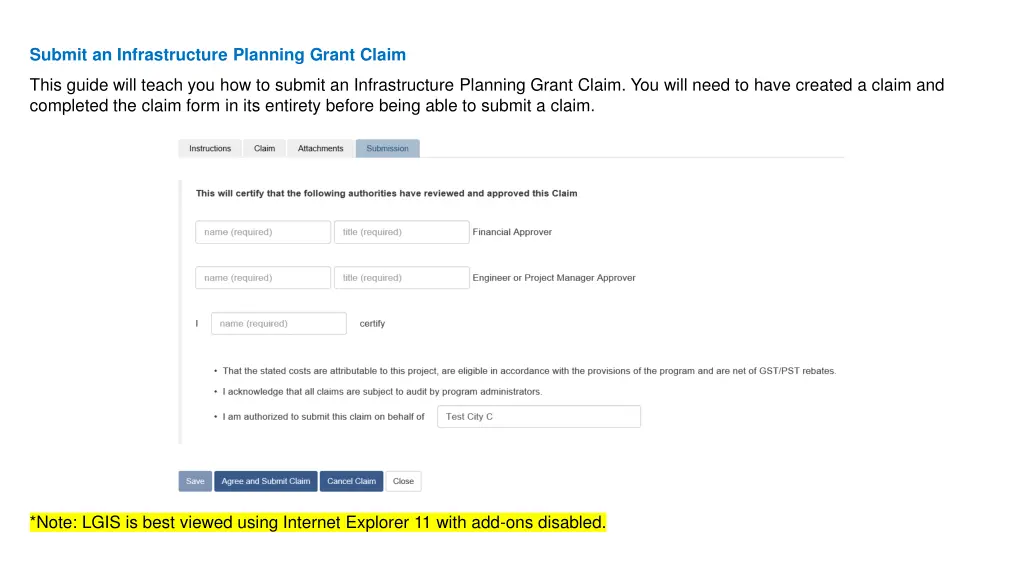 submit an infrastructure planning grant claim