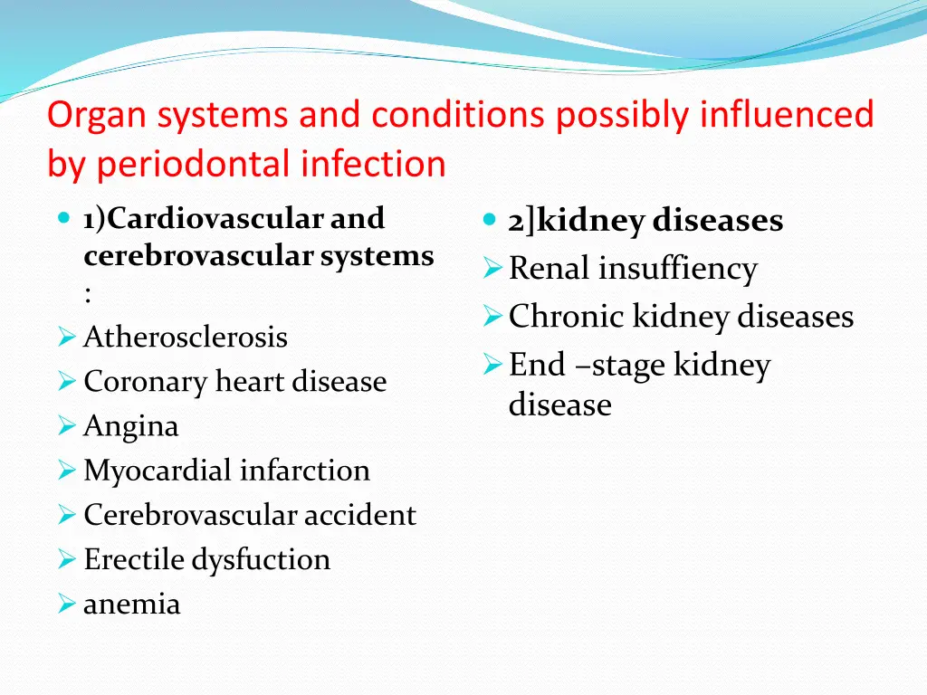 organ systems and conditions possibly influenced