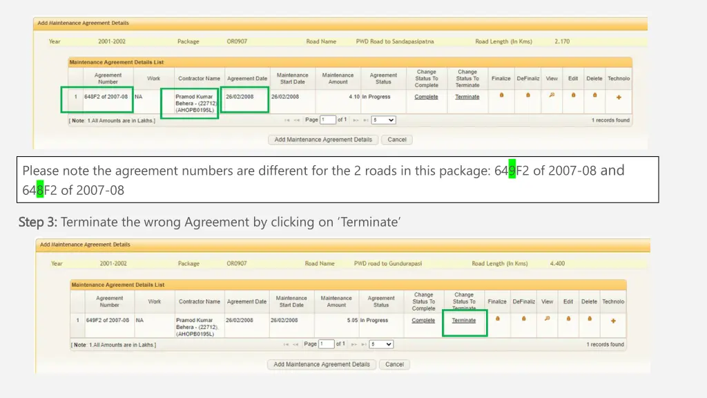 please note the agreement numbers are different