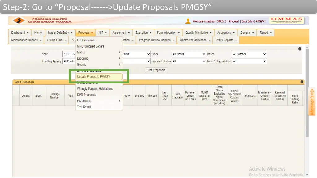 step 2 go to proposal update proposals pmgsy