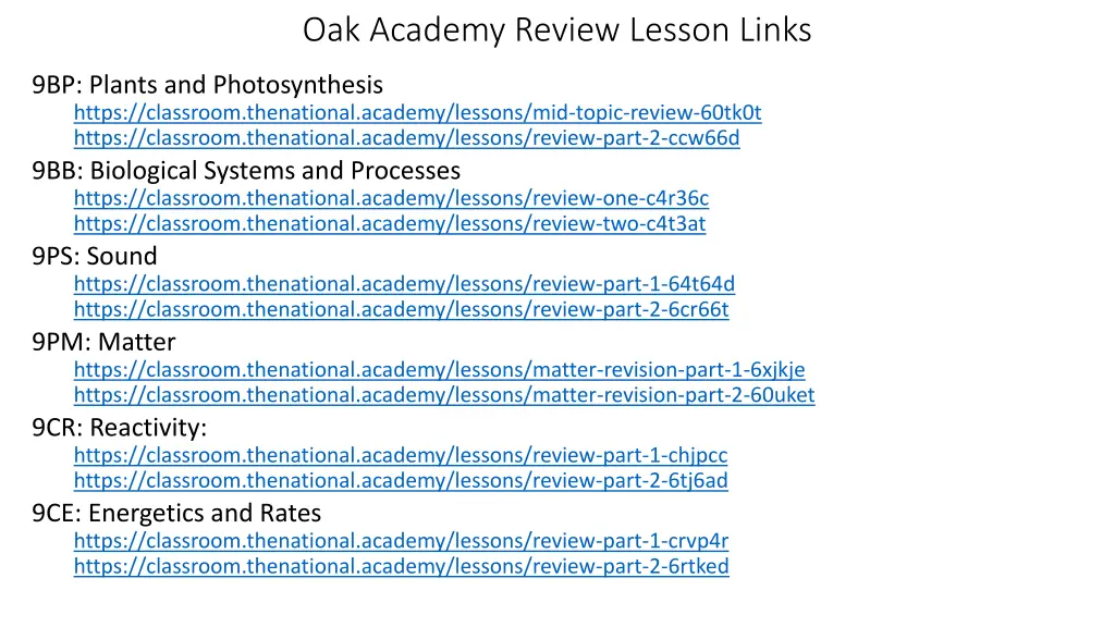 oak academy review lesson links
