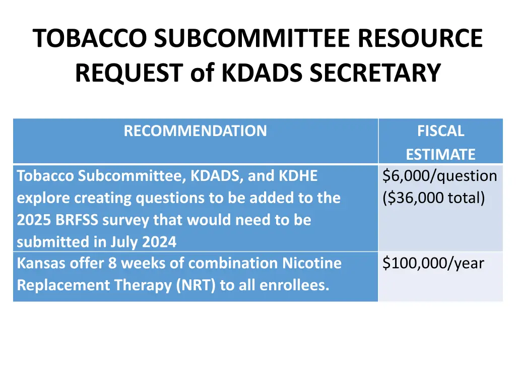 tobacco subcommittee resource request of kdads