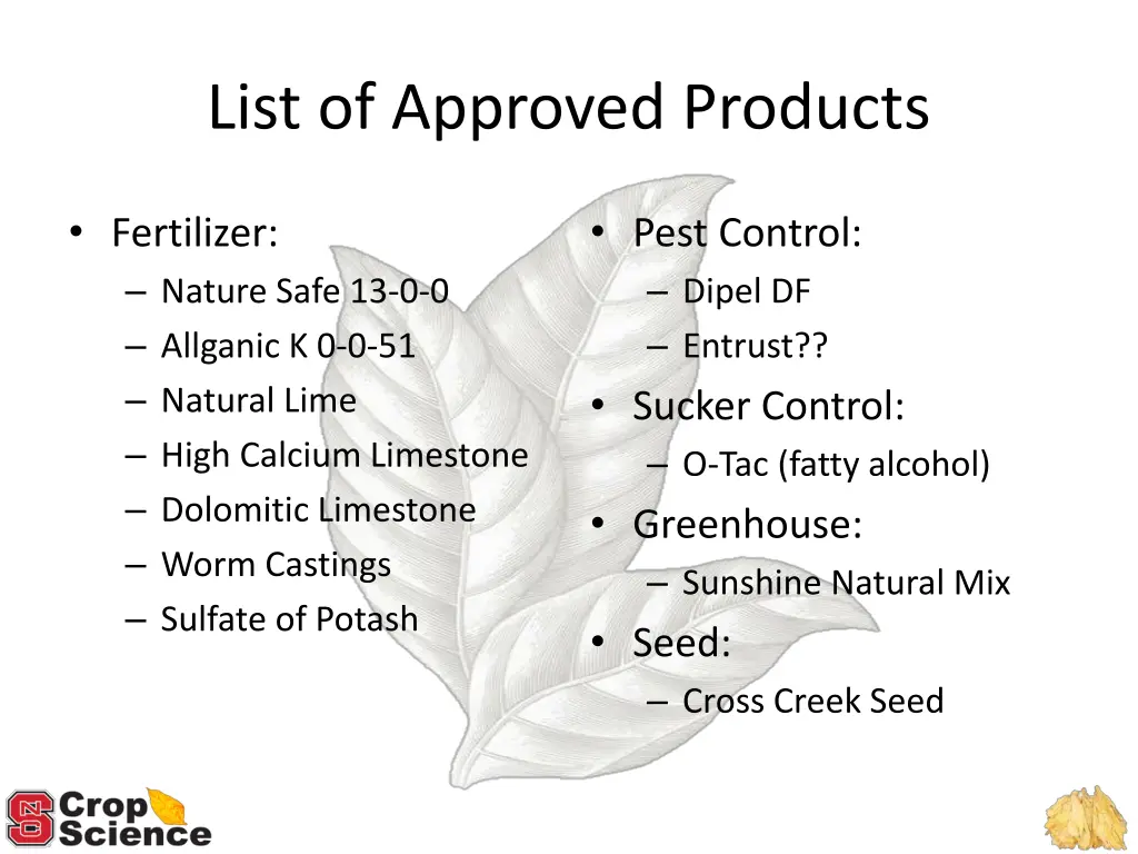 list of approved products