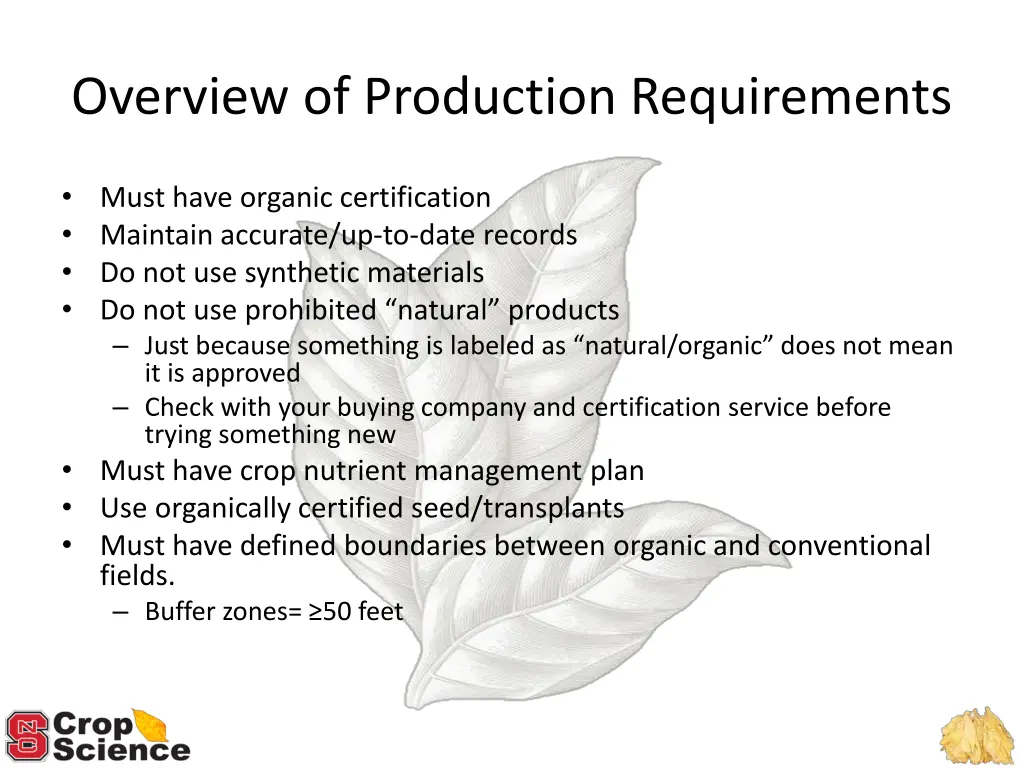 overview of production requirements