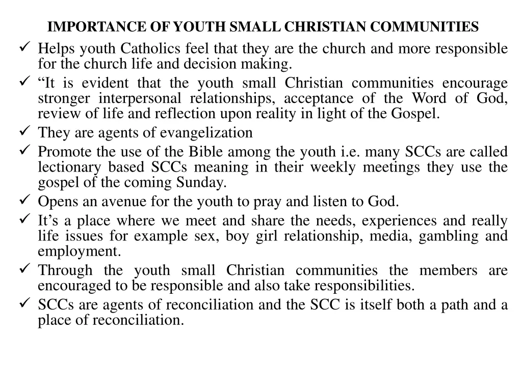 importance of youth small christian communities