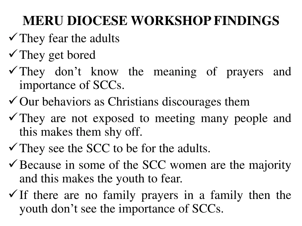 meru diocese workshop findings they fear