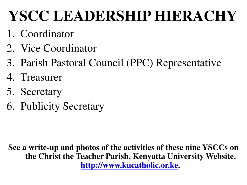 yscc leadership hierachy 1 coordinator 2 vice