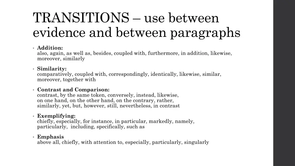 transitions use between evidence and between