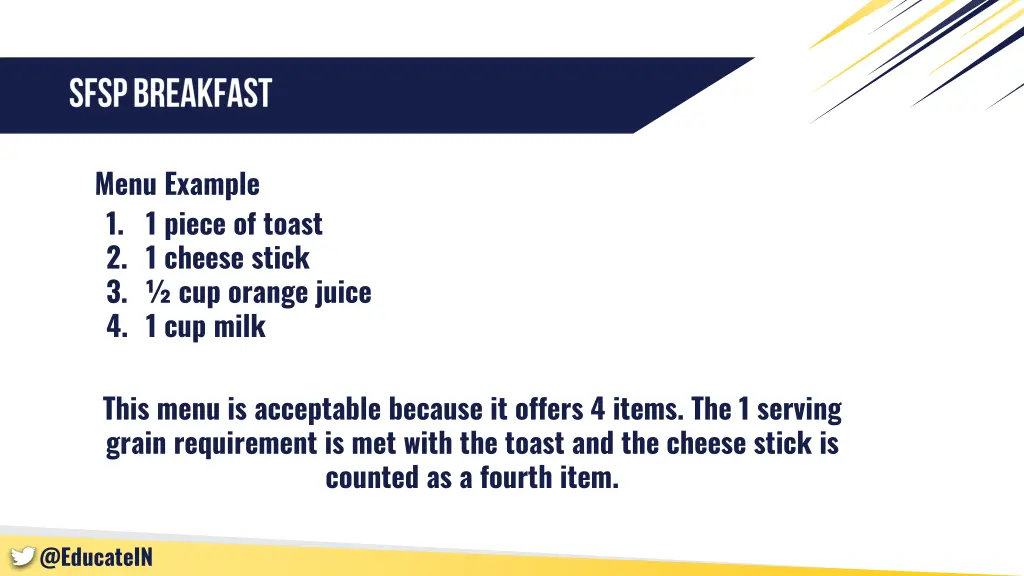 menu example 1 1 piece of toast 2 1 cheese stick