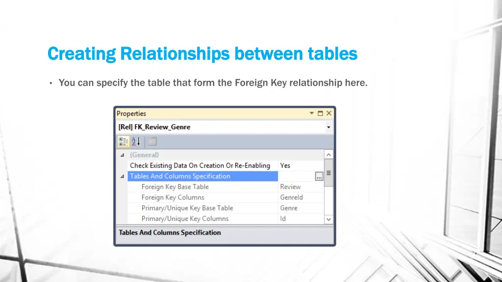 creating relationships between tables creating 1