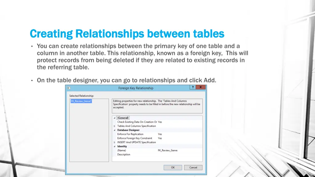 creating relationships between tables creating