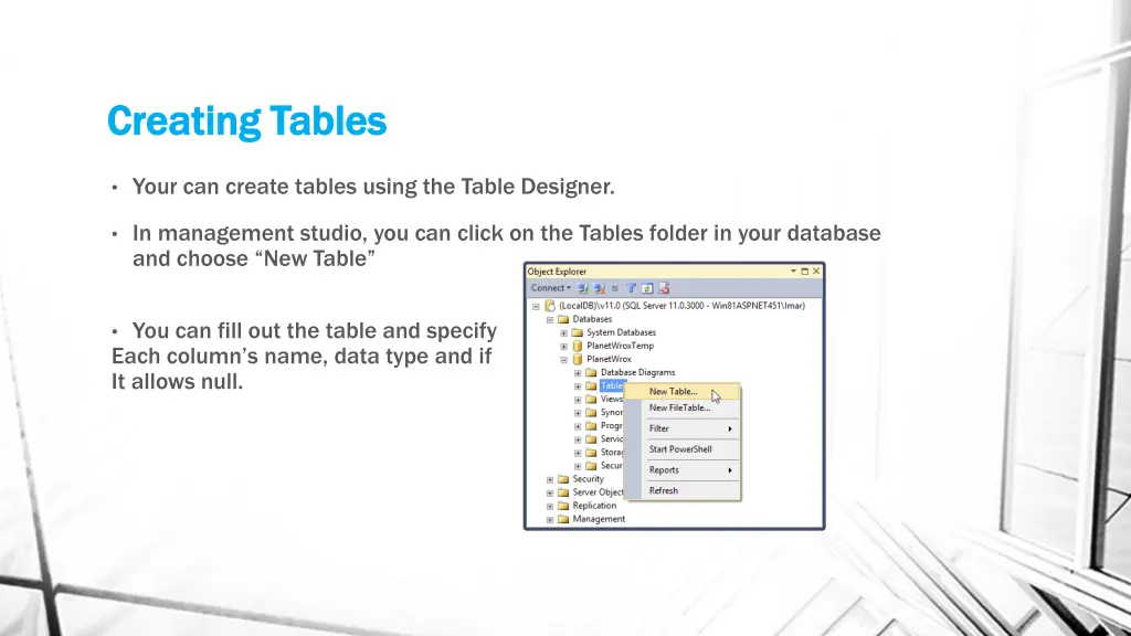 creating tables creating tables