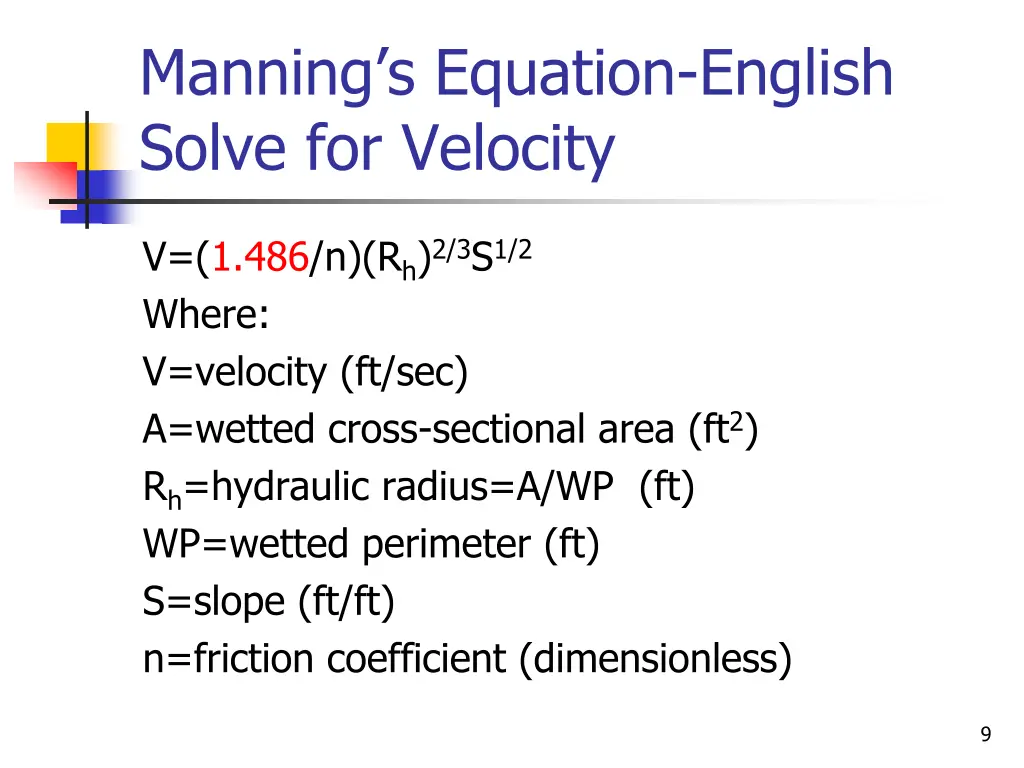 manning s equation english solve for velocity