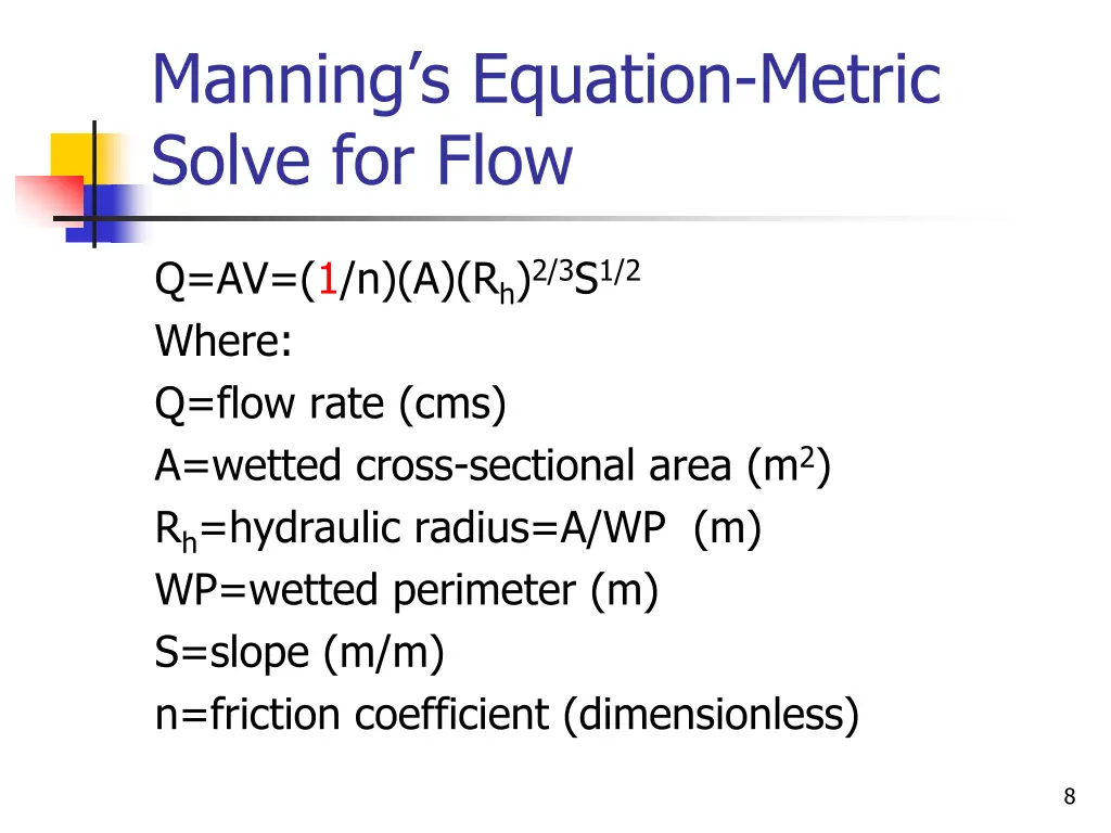 manning s equation metric solve for flow