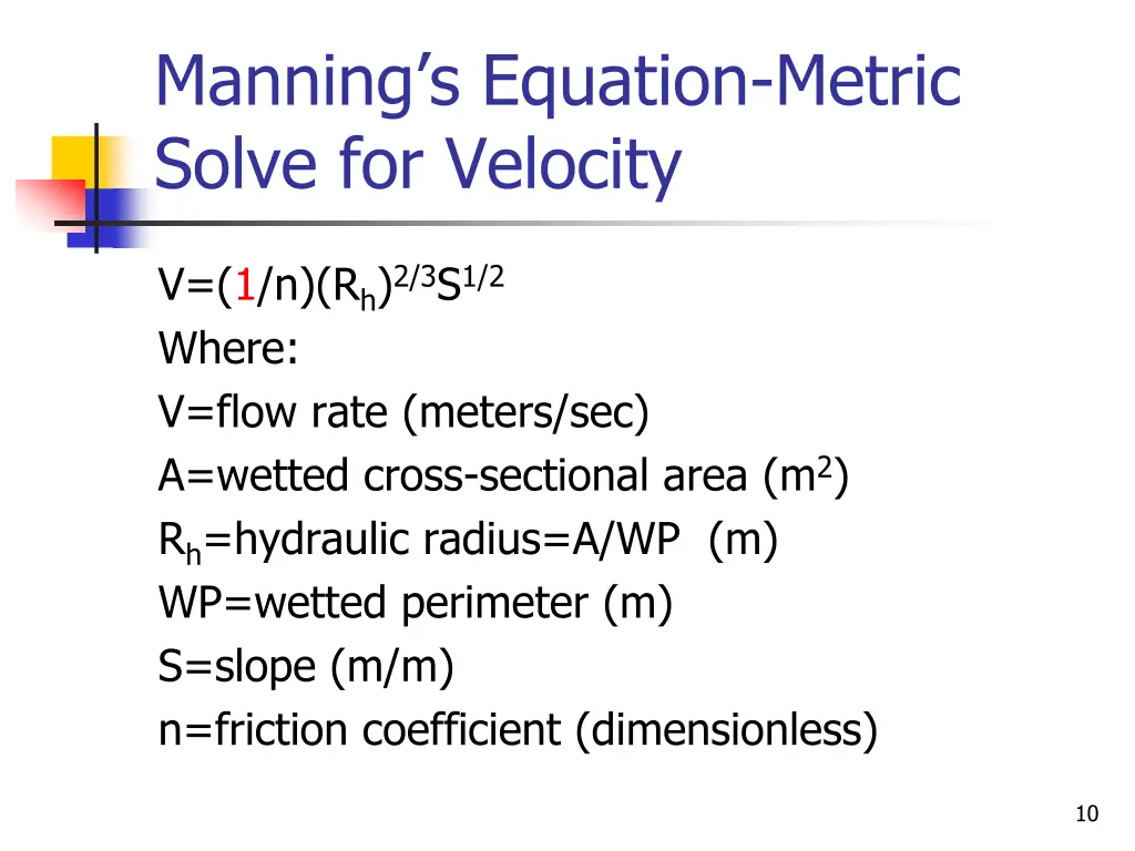 manning s equation metric solve for velocity