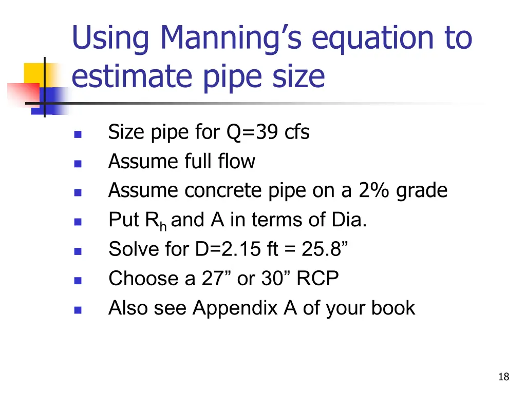 using manning s equation to estimate pipe size