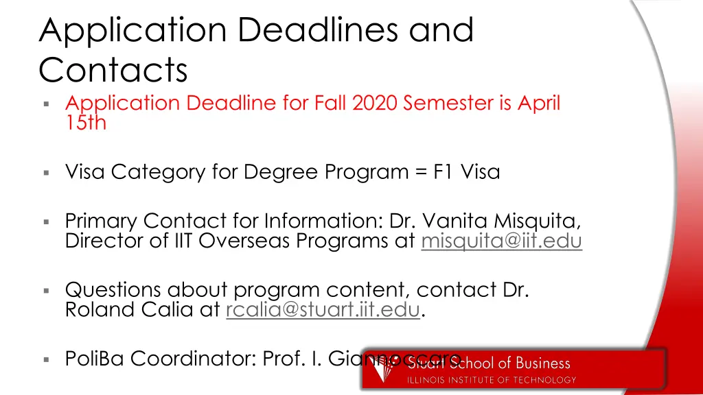 application deadlines and contacts