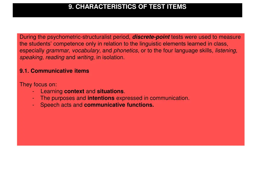 9 characteristics of test items