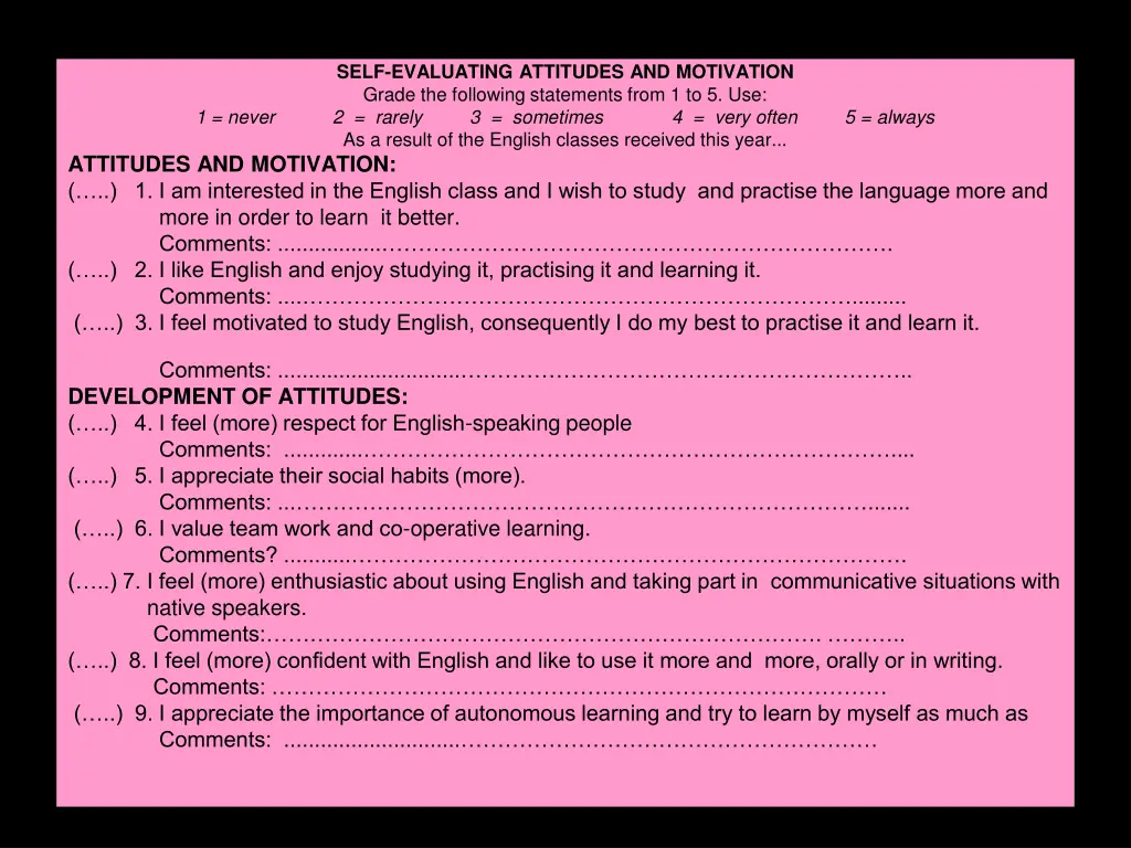 self evaluating attitudes and motivation grade