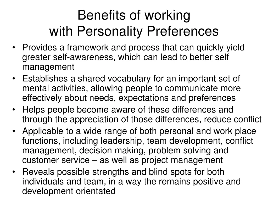 benefits of working with personality preferences