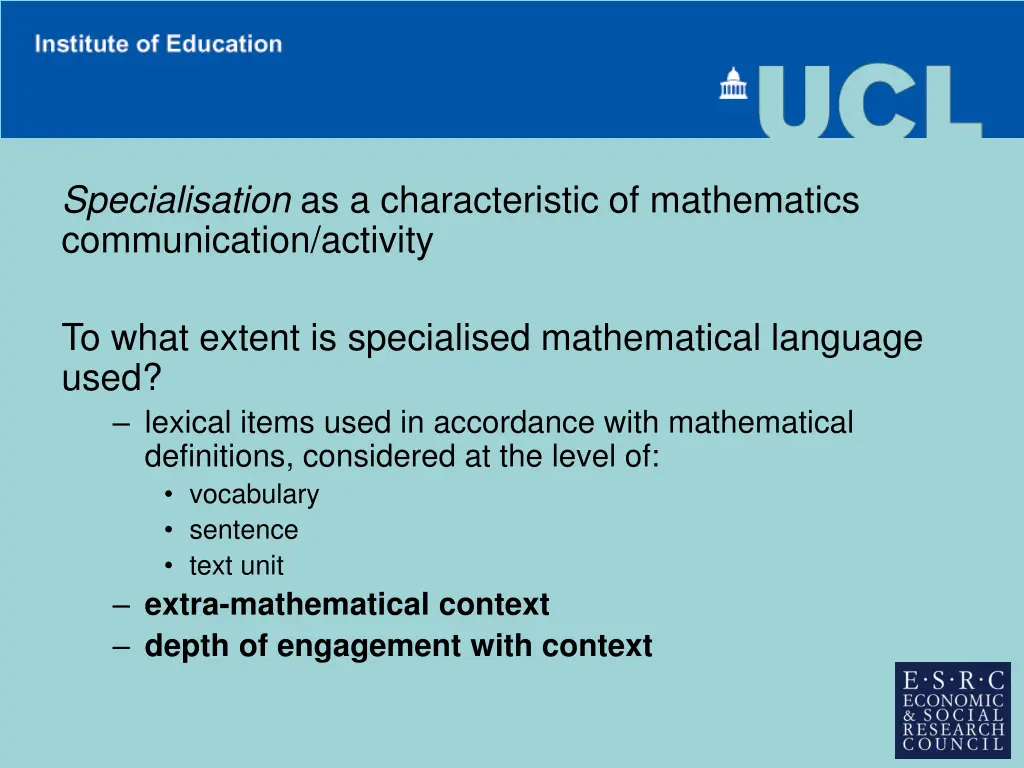 specialisation as a characteristic of mathematics