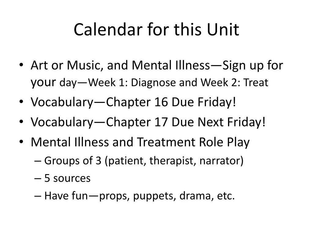 calendar for this unit