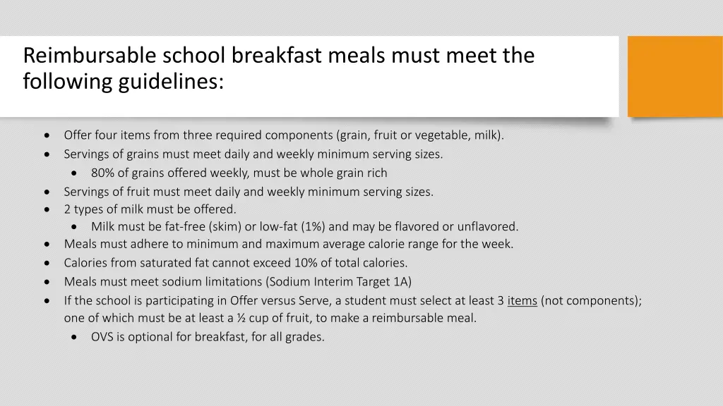 reimbursable school breakfast meals must meet