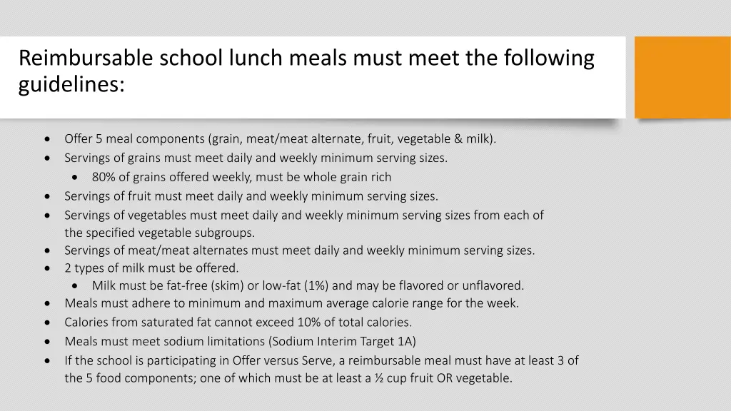 reimbursable school lunch meals must meet