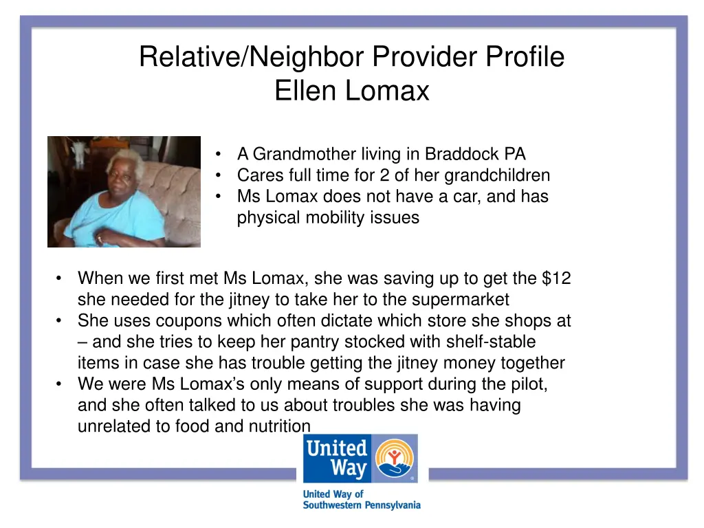 relative neighbor provider profile ellen lomax