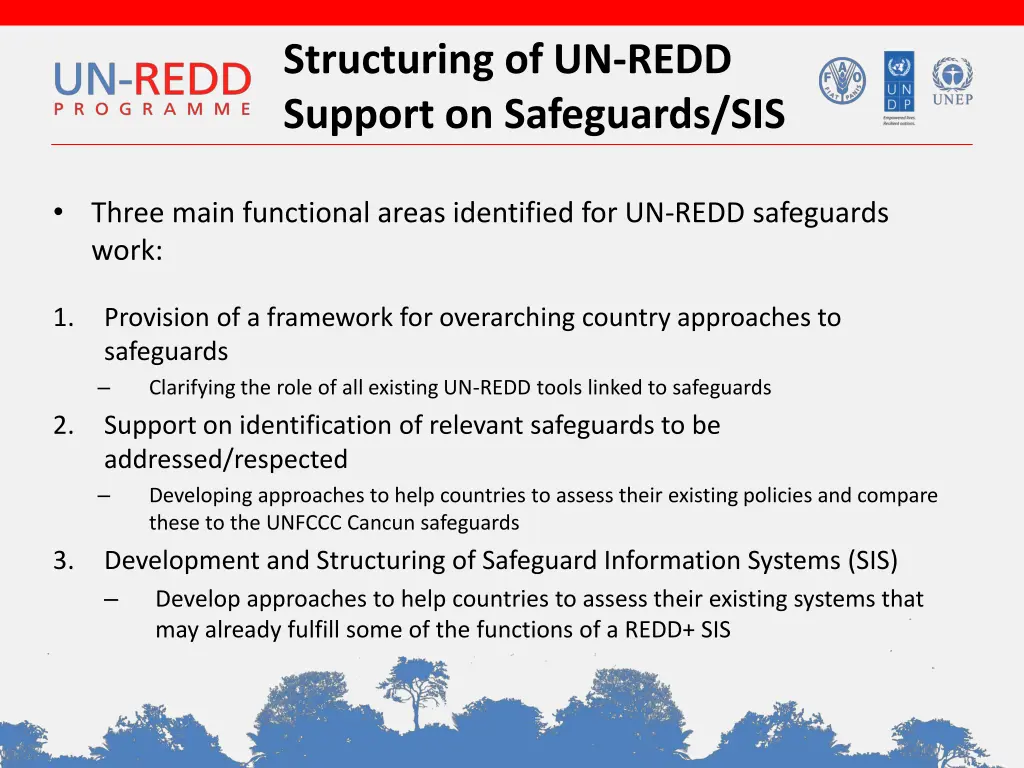 structuring of un redd support on safeguards sis