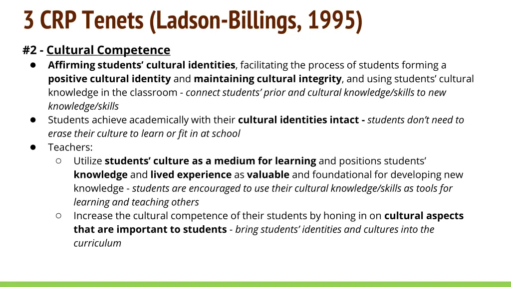 3 crp tenets ladson billings 1995 1