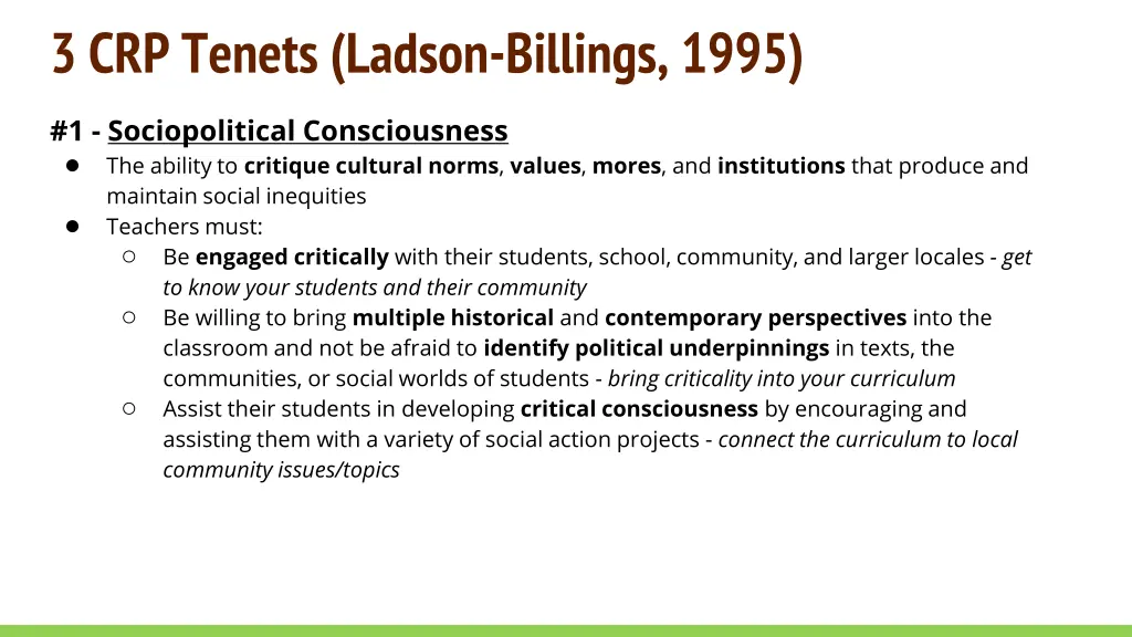 3 crp tenets ladson billings 1995