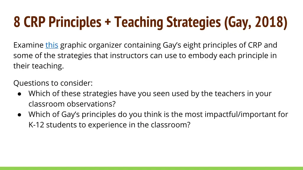 8 crp principles teaching strategies gay 2018