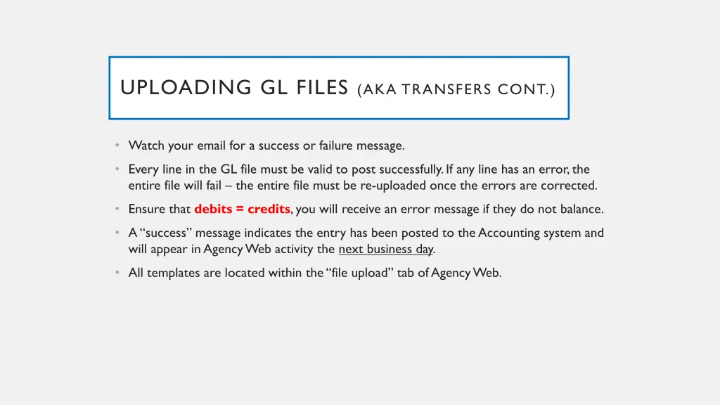 uploading gl files aka transfers cont